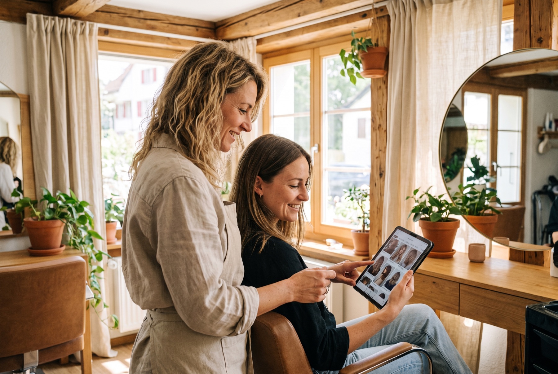 Une coiffeuse et sa cliente regardent des coupes sur une tablette, au fauteuil
